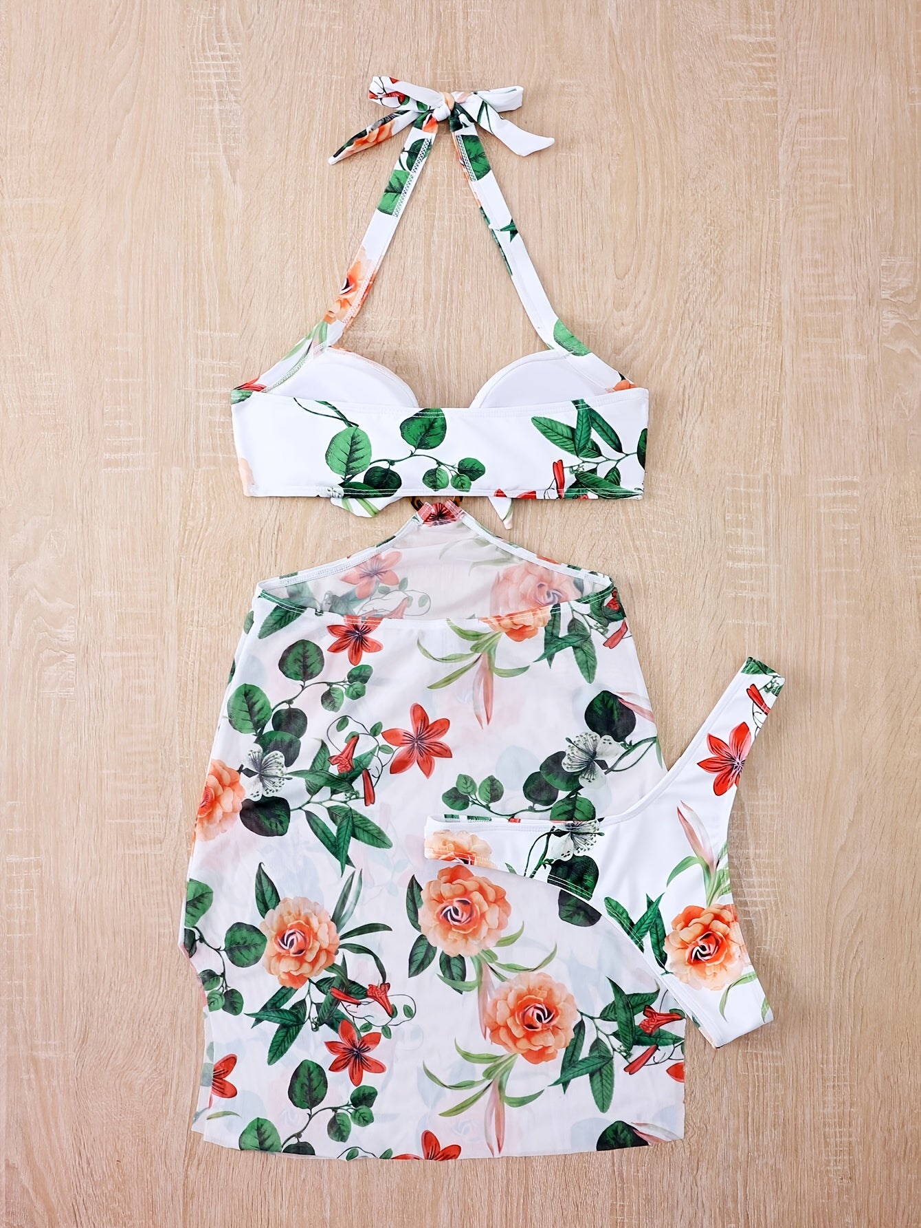 2pcs Floral Print Knit Nylon Swimsuit Set, High Stretch, Hollow-Out, Halter Neck, Sun Protection Swimwear
